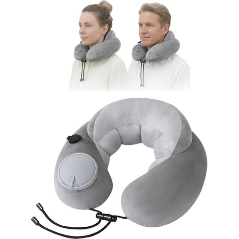 Oreiller de voyage gonflable pour avion, oreiller cervical avec poignée de main, oreiller cervical en velours cristal, gris, oreiller de voyage gonflable pour soulager les tensions cervicales en voitu (1/5)