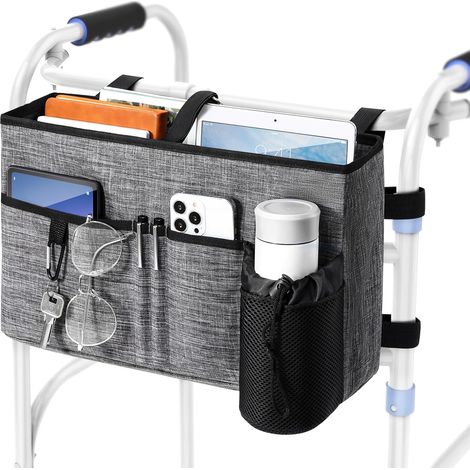 Sac de rangement en polyester pour déambulateur — Panier organisateur multifonction avec boucles, pochette multi-poches de grande capacité, accessoire pour déambulateur — Gris (1/5)