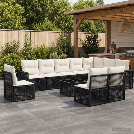 Ensemble canapé de jardin modulable 11 pièces en polyrotin noir et blanc crème - PANGIVO (1/5)