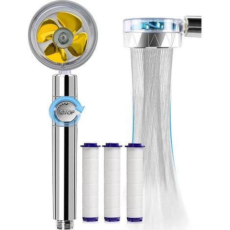 Douchette, Pommeau de Douche Anti Calcaire Économiseur d'Eau Haute Pression Tête de Douche Turbo Filtre à Trois Niveaux Système de Filtrage avec Filtre 3 Coton PP Remplaçable, Jaune (1/2)