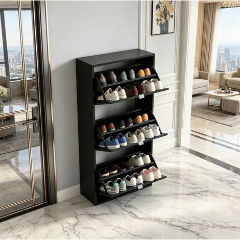 Mobile scarpiera a 3 ribalte 60 x 26 x 124 cm in MDF nero DESVIAE (1/5)