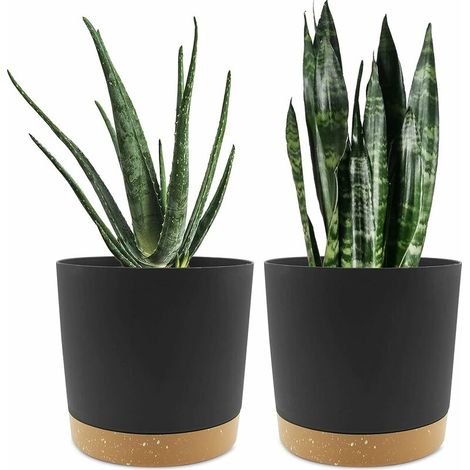 BRAVIX Lot de 2 pots de fleurs de 20,3 cm, pots de fleurs d'intérieur avec trous de drainage et base amovible, soucoupes décoratives modernes pour jardinières d'extérieur (noir 20,3 cm)