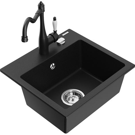 Mexen Milo 1-Becken-Granit-Spüle mit Mischbatterie Carla, Schwarz - 6505-77-670700-70 (1/5)
