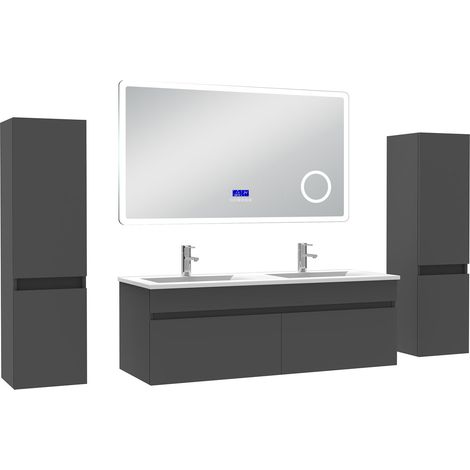 Ocean Ensemble meuble 120 cm, lavabo céramique simple + 2 colonnes + Miroir salle de bain Bluetooth avec 3 couleurs dimmable, anthracite à suspendre