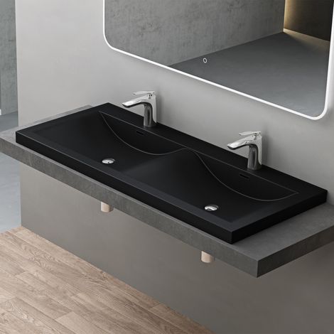 doporro Einbauwaschbecken Mineralguss Waschbecken BTH: 120x48x12cm in schwarz Gussmarmor Waschplatz Doppelwaschbecken Waschtisch Colossum03