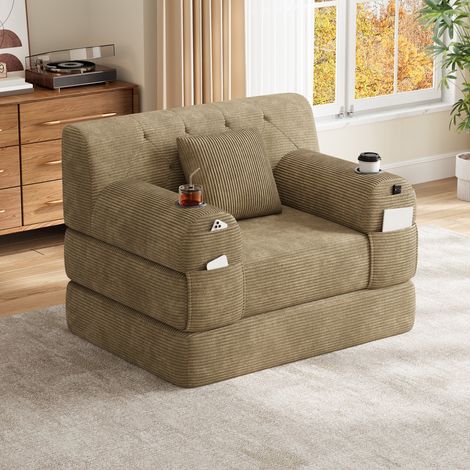 Fauteuil convertible lit , 1 place, sans assemblage, avec coussins,Khaki,107 x 80 x 81 cm (1/5)