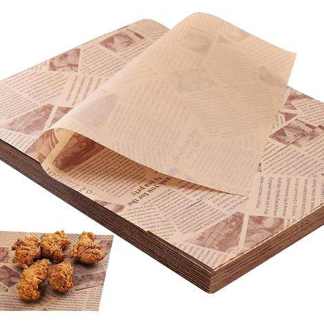 Papier sulfurisé, paquet de 100 feuilles, 25 x 35 cm, absorbant l'huile, idéal pour les paniers, les hamburgers, les sandwichs, le fromage et les frites. (1/5)