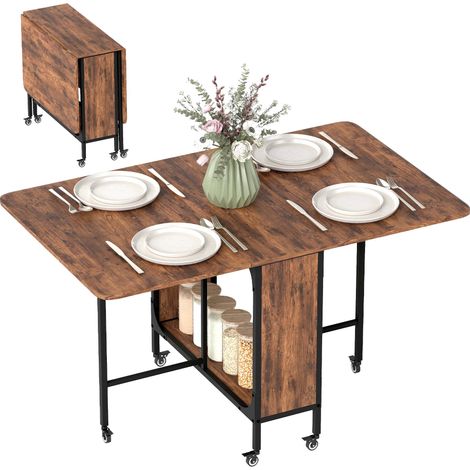 Table pliante de cuisine extensible salle à manger sur roulettes jusqu'à 6 personnes étagère intégrée, 6 roues, Marron