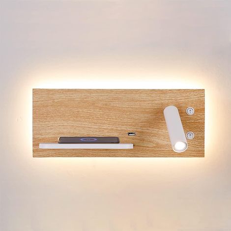 ALPINALUZ  Aplique de pared para lectura efecto madera con puerto USB Iluminación 7W+foco 3W 2700K Derecho