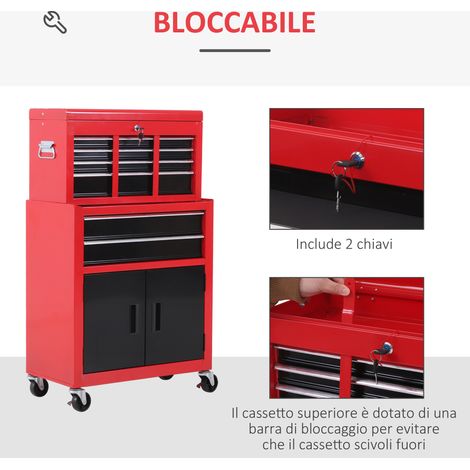 Coffre à Outils Métallique Rouge 2 en 1, 61.6x33x108 cm, avec Tiroir Haut et Meuble Bas de Rangement (1/5)
