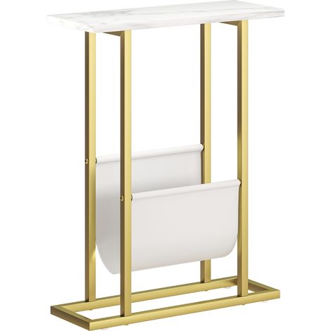 Narrow Side Table, End Table with Magazine Holder, Nightstand for Small Spaces, Living Room, Bedroom, White Marble Grain