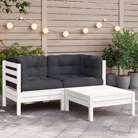 vidaXL Salon de jardin 3 pcs avec coussins Blanc Bois de pin massif (1/5)