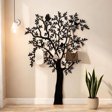 Porte-manteau mural noir à 8 crochets en métal design arbre (1/5)