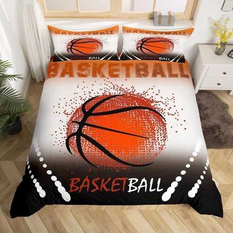 Basketball Bettwäsche Set 220x240cm mit 2 Kissenbezügen 80x80cm, Mikrofaser, Orange Schwarz
