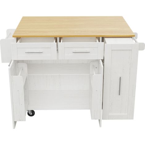 Isla de cocina blanca con encimera efecto madera y almacenamiento, 110 x 46 x 90,5 cm (1/5)