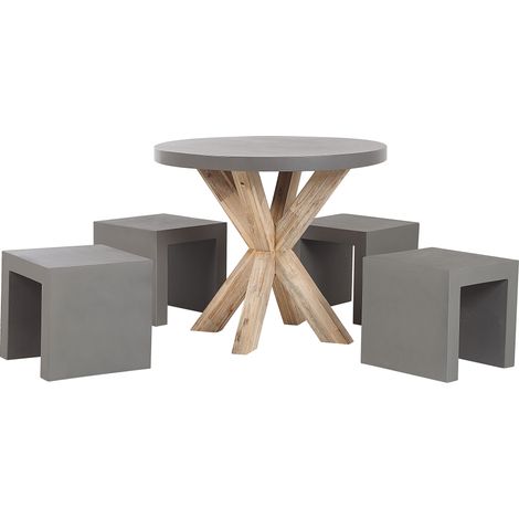 Conjunto de comedor para jardín de cemento reforzado gris con patas de madera de acacia para 4 personas mesa redonda con 4 taburetes Olbia/Taranto