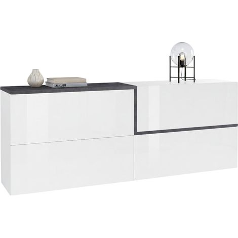 Dmora - Credenza Anubi, Madia da cucina, Buffet da soggiorno, 100% Made in Italy, cm 210x40h80, Bianco lucido e Ardesia