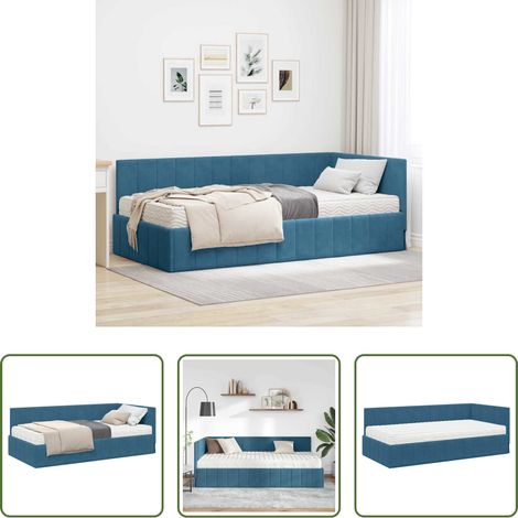 vidaXL Velours - Cadre de lit d'angle avec matelas 2 pcs Bleu Velours (1/5)