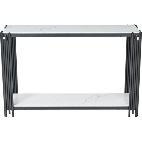 Table console moderne avec 2 étagères effet marbre blanc et structure métal noir - 80 x 123,5 x 33,5 cm (1/5)