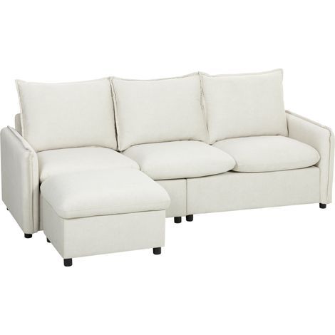 Modulares 3-Sitzer-Ecksofa aus atmungsaktivem Kunstleder mit Aufbewahrungshocker, Kissen, Creme (1/5)
