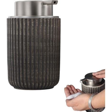 Distributeur Savon Liquide, 300ML Distributeur de Savon Liquide Céramique, Flacon Pompe Vide Savon mousseur, Rechargeable, Design Élégant, Bouteille Mousseur pour Gel Douche (Gris) (1/5)