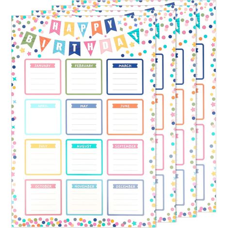 Lot de 4 Calendriers d'Anniversaire, Affiche Colorée avec Motifs Confettis Tableau d'Affichage Réutilisable pour Décoration Murale de Classe (1/5)