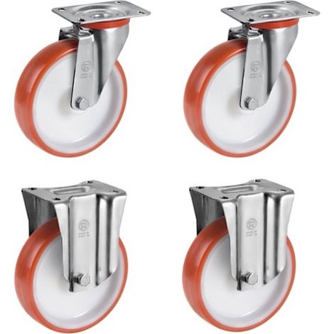 Lot de 4 roulettes pivotantes et fixe polyuréthane rouge 150 mm - 900 Kg (1/3)