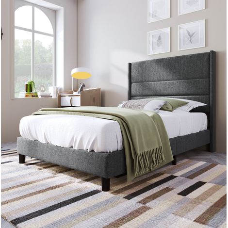 Cama tapizada 90x200 cm en tejido de lino gris oscuro con cabecero y somier de láminas (1/5)