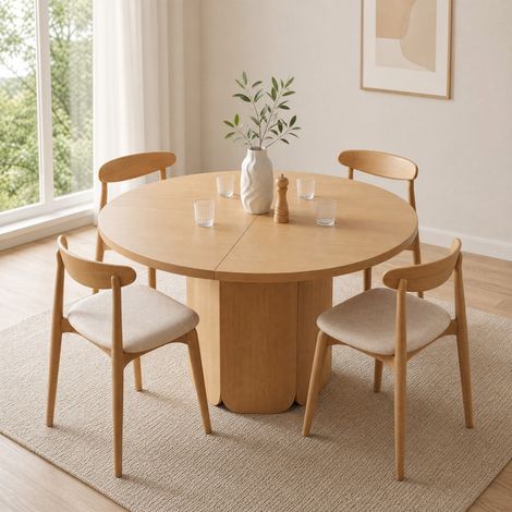 Mesa de comedor redonda 120 cm para 4-6 personas, diseño escandinavo, fácil montaje, MDF roble (1/5)