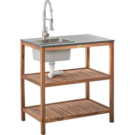 Outdoor Kitchen Island with Sink BRUCOLI Acacia Wood Brown/ Silver