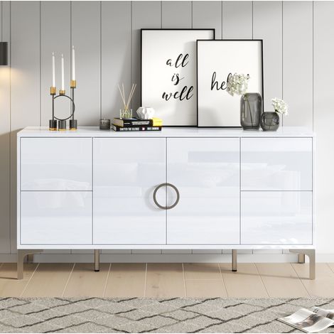 Buffet 150x38x59,5 cm blanc en MDF brillant avec 4 tiroirs, 2 portes et pieds en métal (1/5)