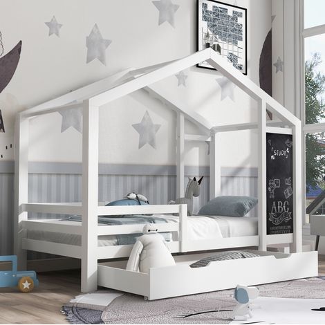 CHICFURN Letto a casetta per bambini 90x200 cm bianco con lavagna e 2 cassetti (1/5)