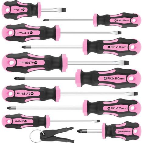 Magnetisches Schraubendreher-Set, 10-teilig (Pink): 5 Schlitz- und 5 Kreuzschlitzschraubendreher, komfortable, gepolsterte Griffe, mit 2 professionellen Mini-Multifunktionsschraubendrehern (1/5)