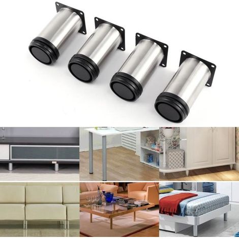 4x Pied de meuble réglable acier inoxydable rond diamètre 5cm Hauteur 100mm (1/4)