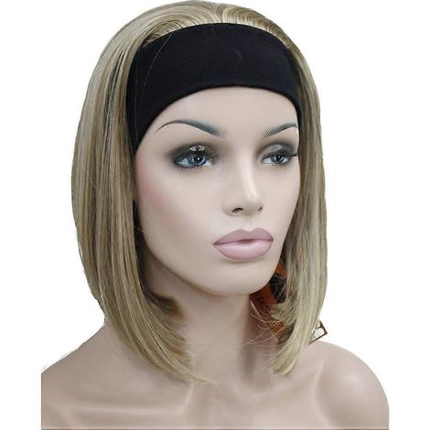 Perruque courte lisse au carré avec bandeau, perruque 3/4 en cheveux synthétiques (L16/613 Blonde avec mèches) L16/613 Blonde avec mèches (1/4)