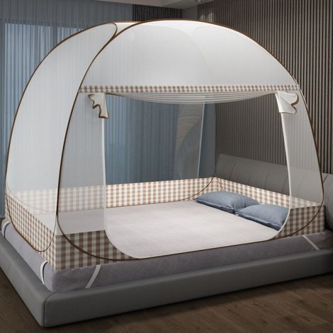 Moustiquaire pliable pour lit, rideau moustiquaire de camping pour porte simple, moustiquaire en forme de dôme facile à installer, bordure marron, largeur 0,9 m x longueur 1,9 m, maille marron, deux p (1/5)