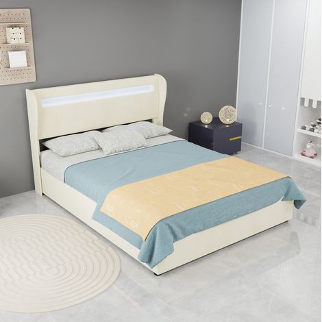 Cama tapizada moderna de tela beige 140x200 cm con cabecero regulable e iluminación LED (1/5)