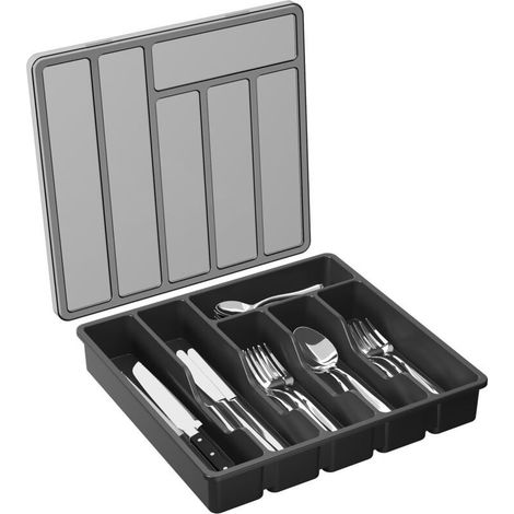 Organisateur de couverts de comptoir – Boîte avec couvercle – 6 compartiments – PP – Noir (1/5)