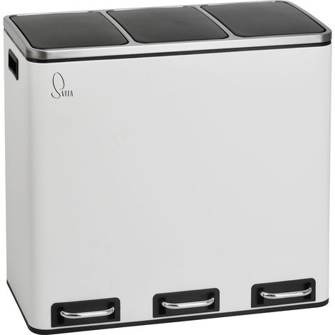 Svita – Poubelle à pédale 54L – 3 compartiments avec couvercles à fermeture lente – Acier thermolaqué blanc – Idéale pour tri sélectif