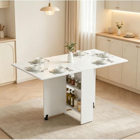 Table de salle à manger extensible 140x75x74 cm en bois blanc, gain de place, cuisine FloraGrace (1/5)