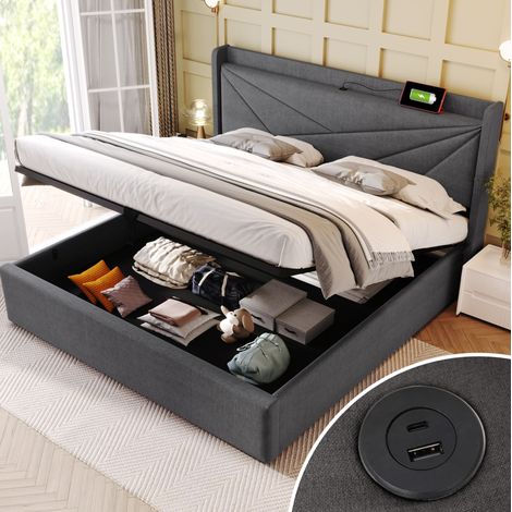 Lit rembourré moderne 160x200 cm avec coffre, tête de lit géométrique USB et USB-C, tissu lin coton gris (1/5)