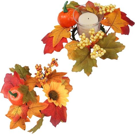 portavelas con forma de corona otoñal – Hojas de arce + Calabaza, Mini guirnalda/centro de mesa para Acción de Gracias (1/4)