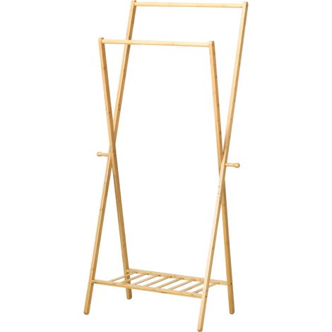 Perchero de pie bambú con estante zapatos, 2 barras, 2 ganchos, dormitorio entrada 74x42x150 cm