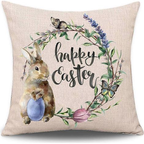 Lot de 4 coussins décoratifs de Pâques, motif lapin et œufs, pour canapé ou lit. (1/4)