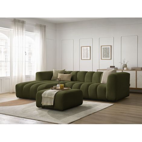 BOBOCHIC - Canapé d'angle fixe TALIA tissu chiné avec pouf Angle gauche Vert (1/5)