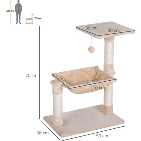 Arbre à chat 70 cm, petite tour pour chat avec balle peluche, poteau en sisal, grande plateforme, hamac, griffoir, arbre à chat, beige (1/5)