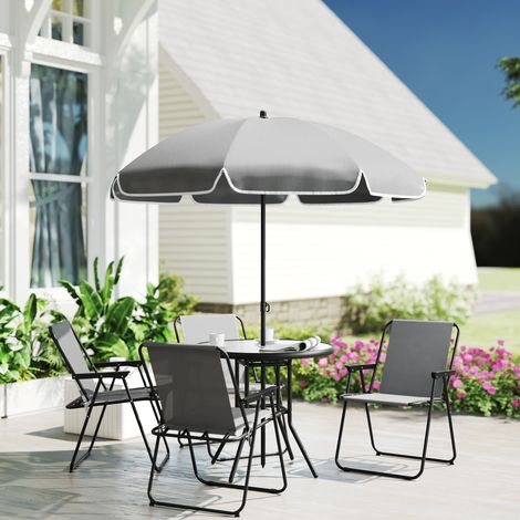 6-teiliges Gartenmöbelset aus Stahl mit Tisch und Stühlen, inklusive Sonnenschirm, bestehend aus 4 klappbaren Textilene-Stühlen und einem runden Glastisch, für Terrasse und Balkon, Grau