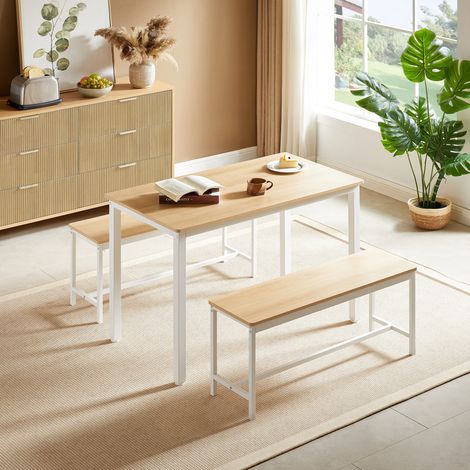 Conjunto de mesa de comedor industrial con 2 bancos, 110 x 60 x 75 cm, natural y blanco DESVIAE (1/5)