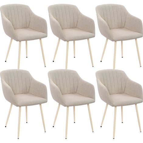GOEURVANT Lot de 6 Chaises de Salle à Manger Beige - Tissu Texturé, Pieds Blancs Métalliques, Design Ergonomique avec Accoudoirs, Rembourrage Épais, Patins Réglables, 150 kg (1/5)