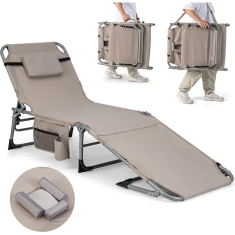 GOPLUS Chaise Longue Pliante 5 Positions Dossier-Bain de Soleil Inclinable avec Trou Visage et Oreiller Amovible Charge 180KG Beige (1/5)